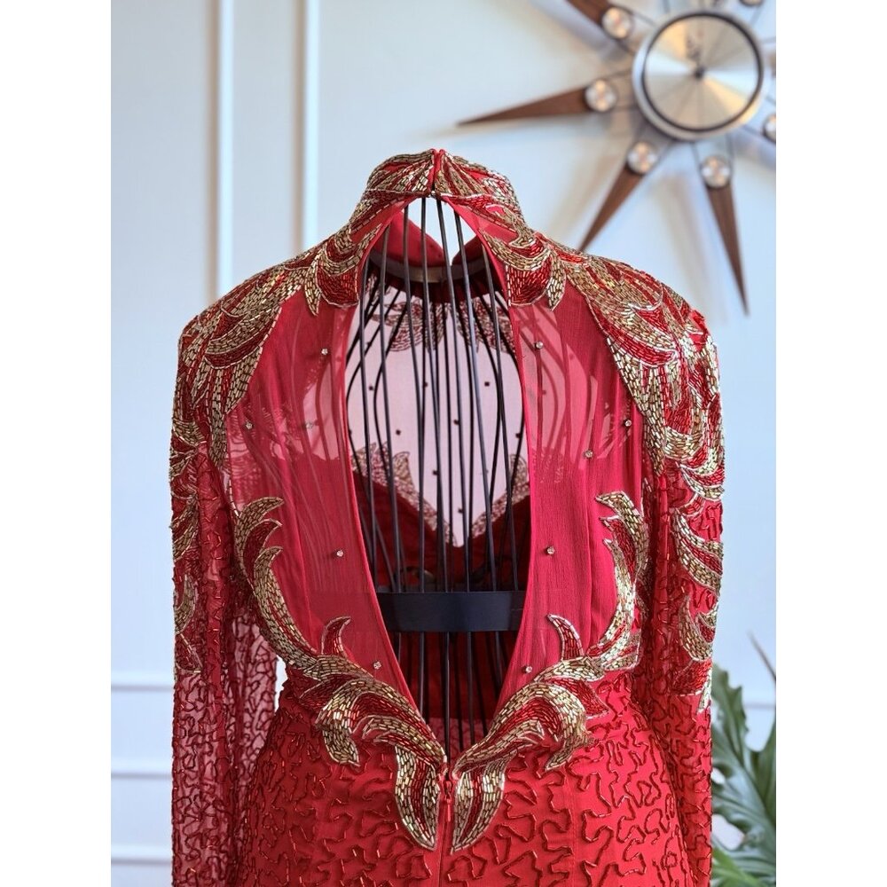 Vintage Beaded Red Evening Dress |  Hollywood Glamour Dress | Red Beaded Dress - Picture 8 of 13